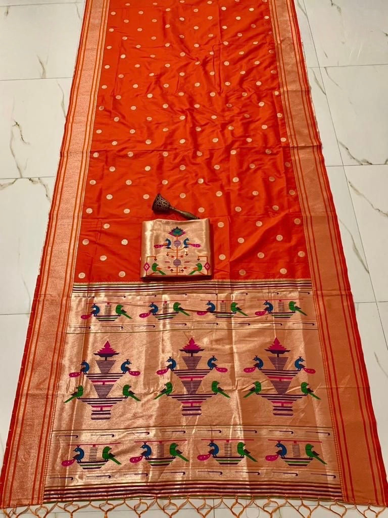 Kesari Orange Nauvari Kanjivaram Silk blend Paithani Saree with unstitched blouse