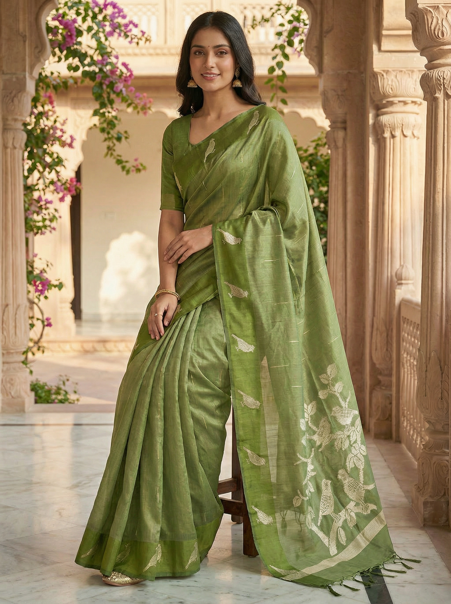Olive Green Semi Tussar Silk Saree with Satin Border & Chidya Design