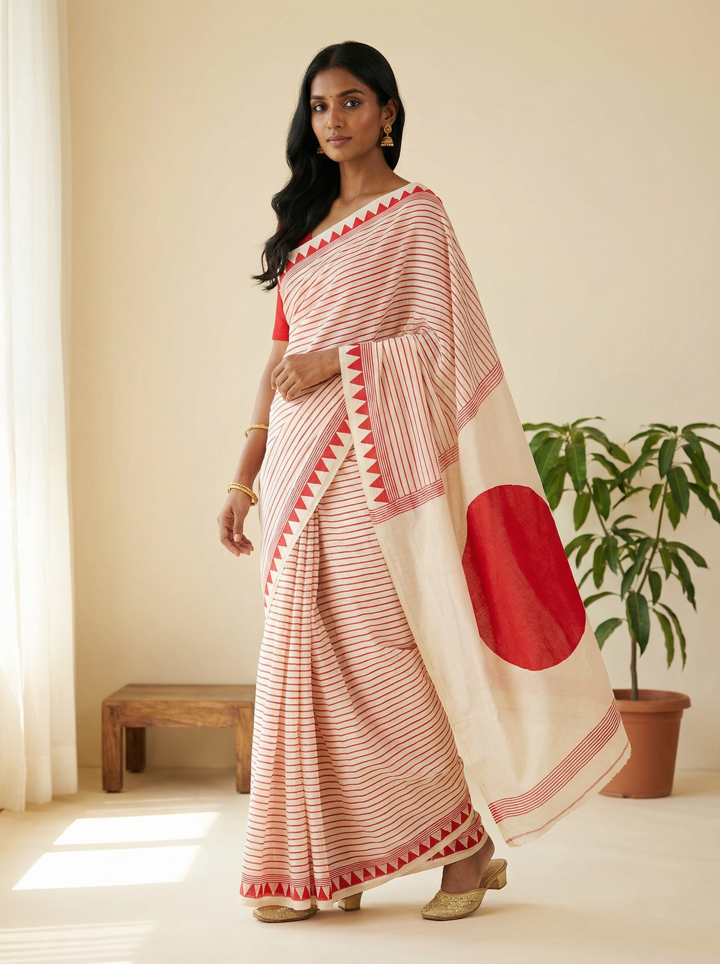Off white and Red Semi Modal Silk Saree