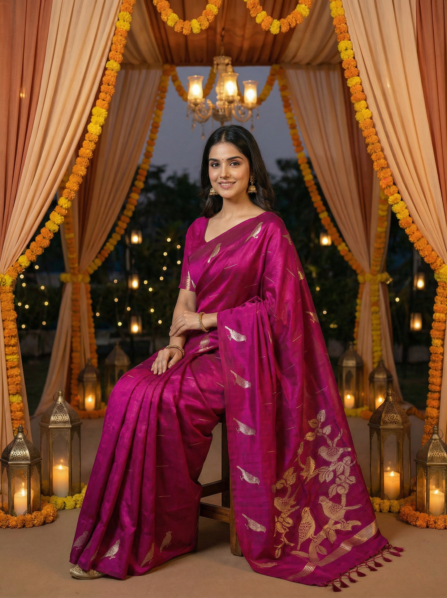 Purple Semi Tussar Silk Saree with Satin Border & Chidya Design