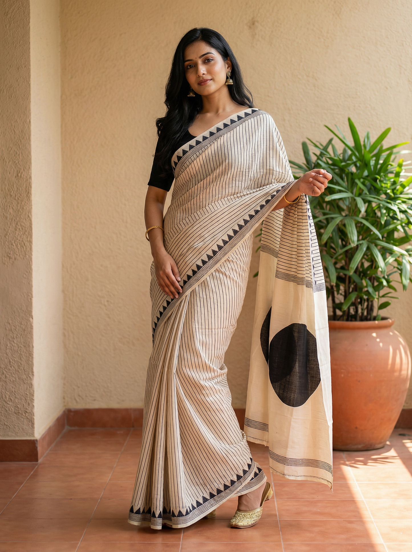 Off white and Black Semi Modal Silk Saree