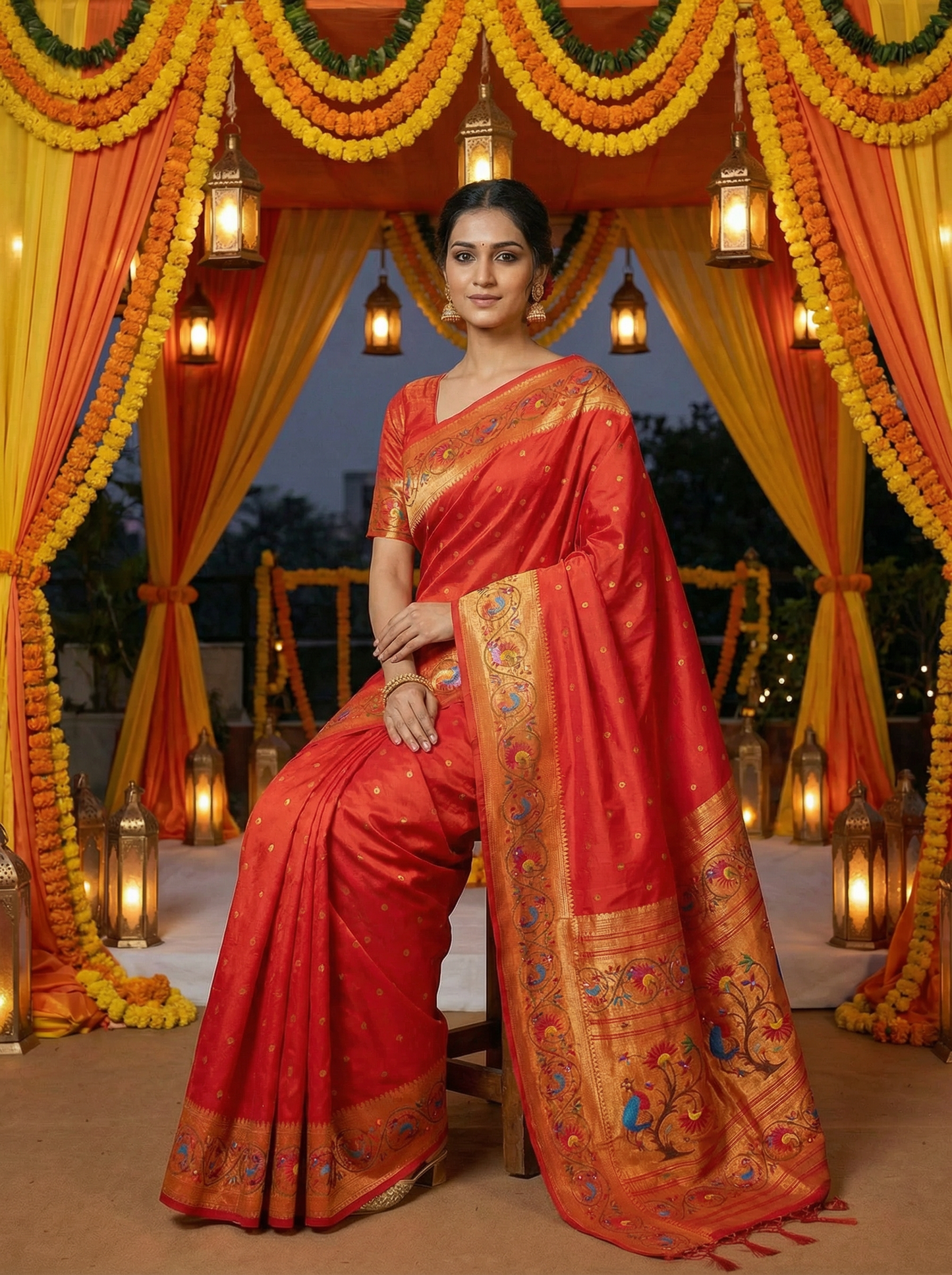 Crimson Red More Lotus Border Paithani Saree