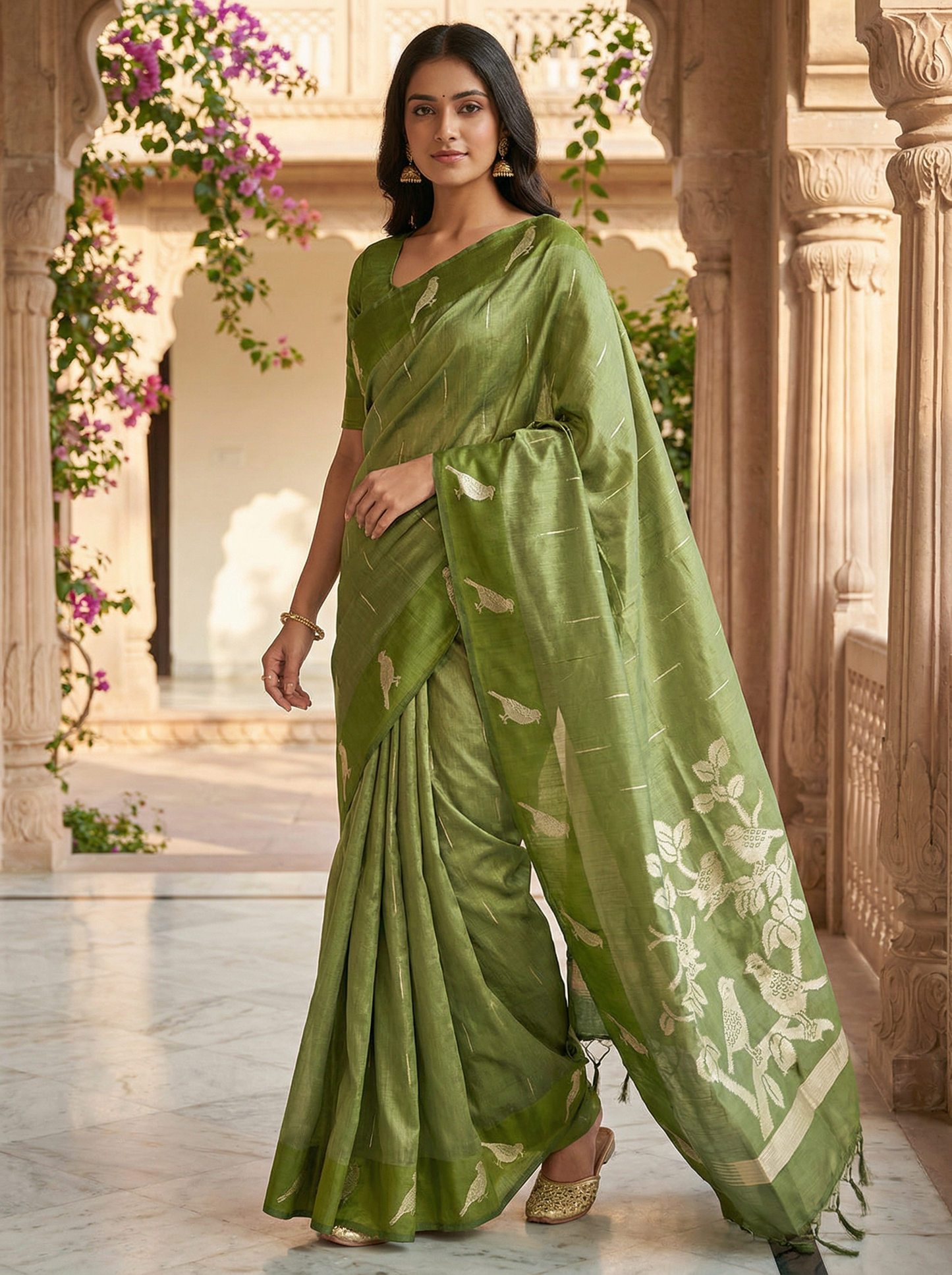 Olive Green Semi Tussar Silk Saree with Satin Border & Chidya Design
