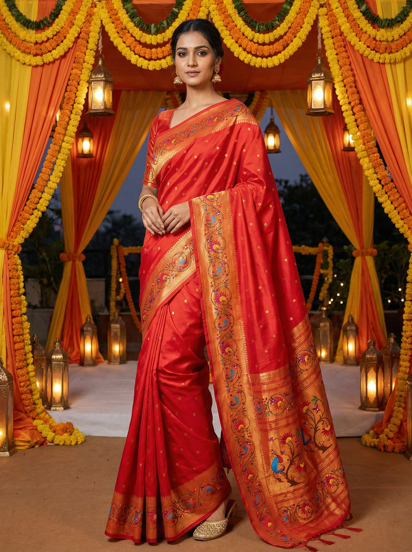 Crimson Red More Lotus Border Paithani Saree