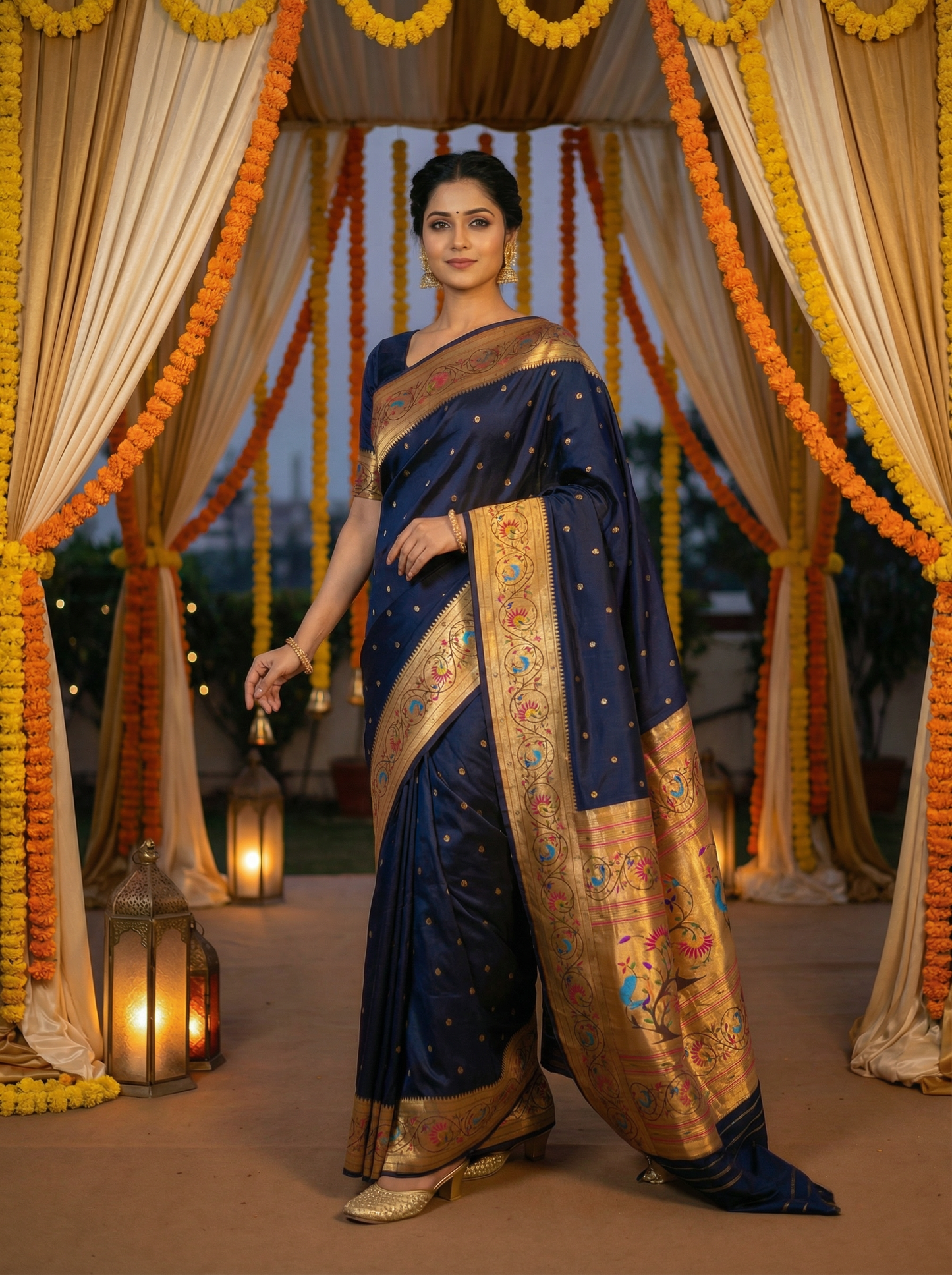 Jet Black More Lotus Border Paithani Saree