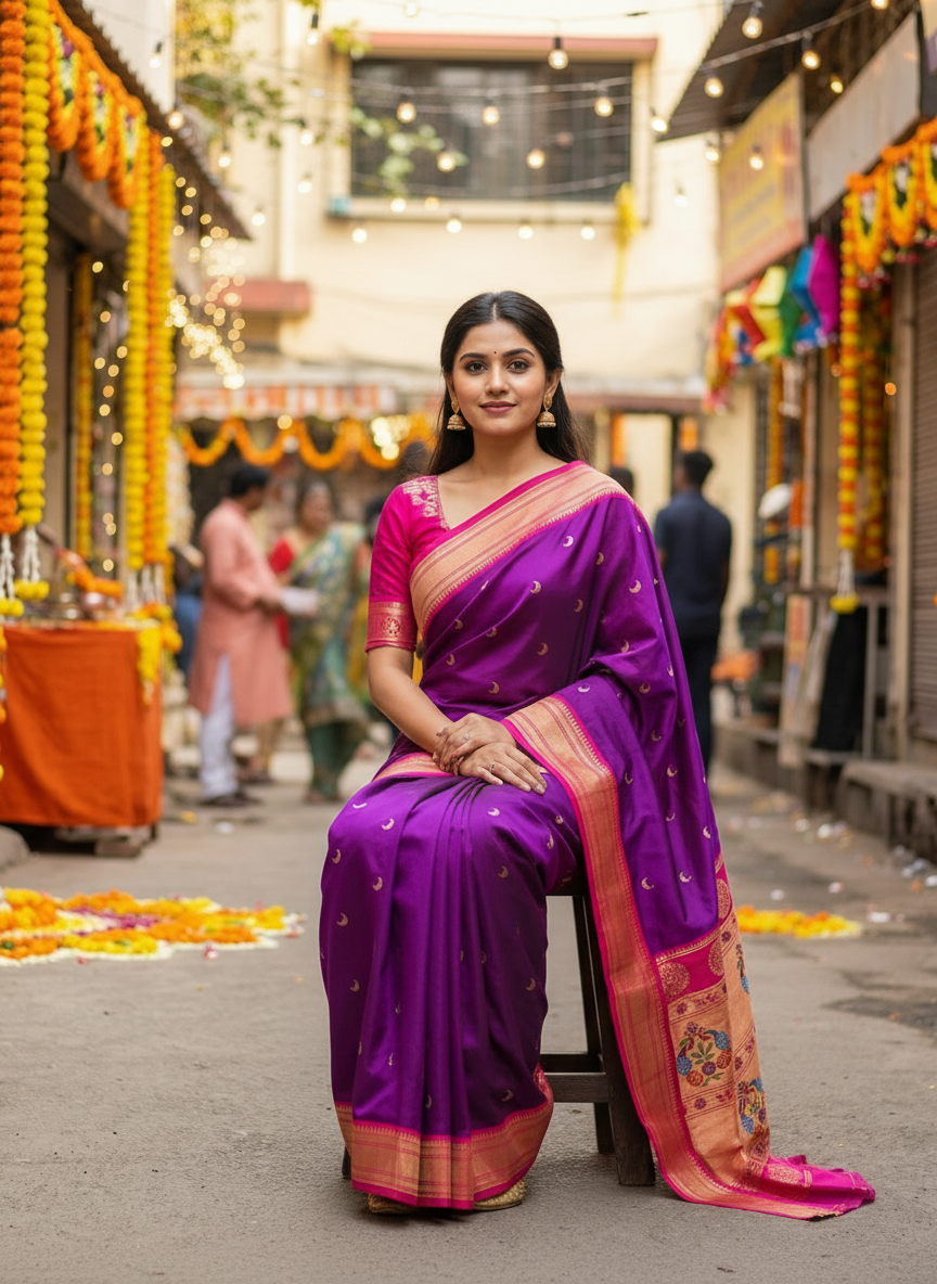 Rich Royal Purple  Kanjivaram Silk blend Chandarkor Paithani Saree with unstitched blouse