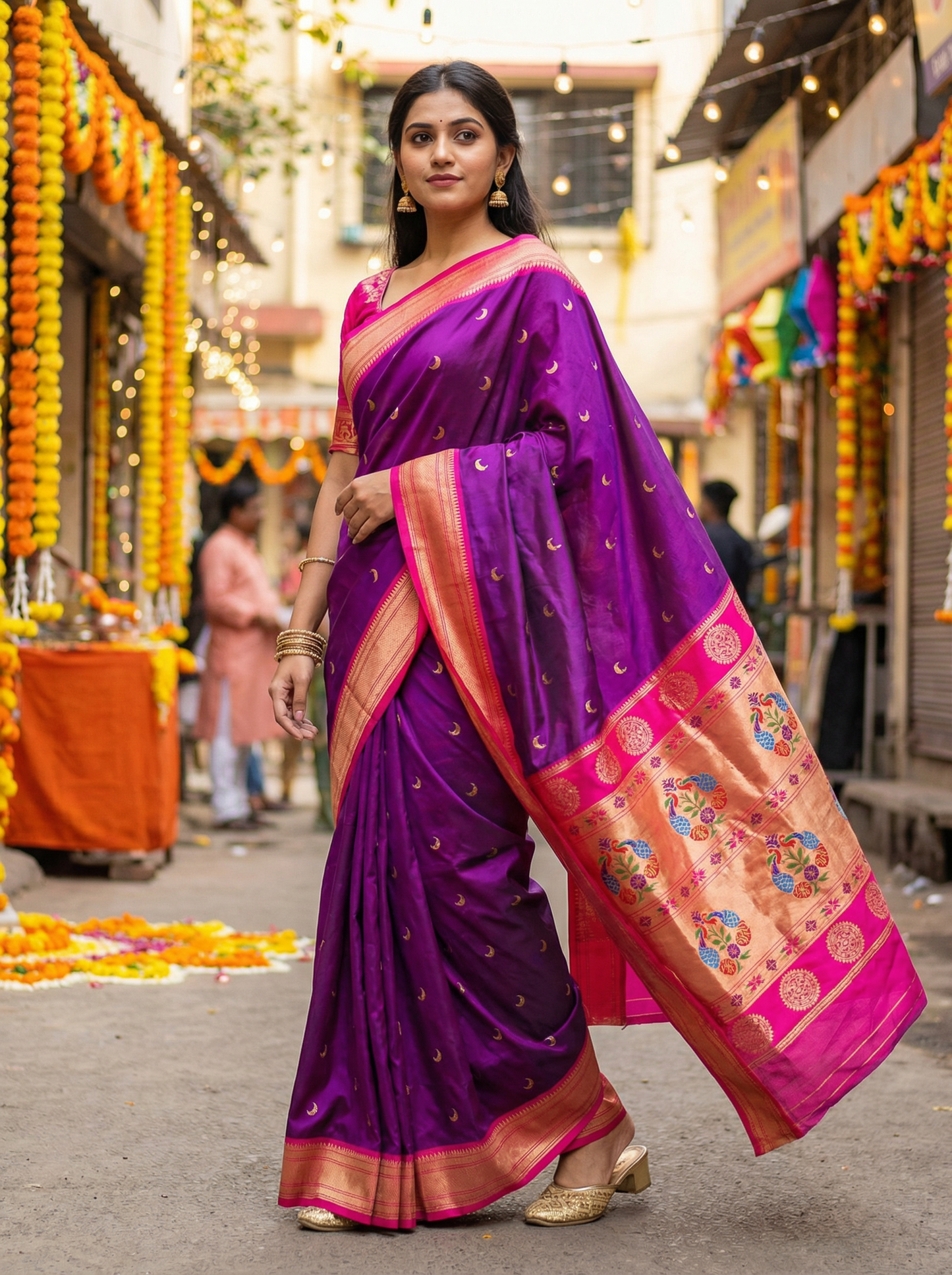 Rich Royal Purple  Kanjivaram Silk blend Chandarkor Paithani Saree with unstitched blouse