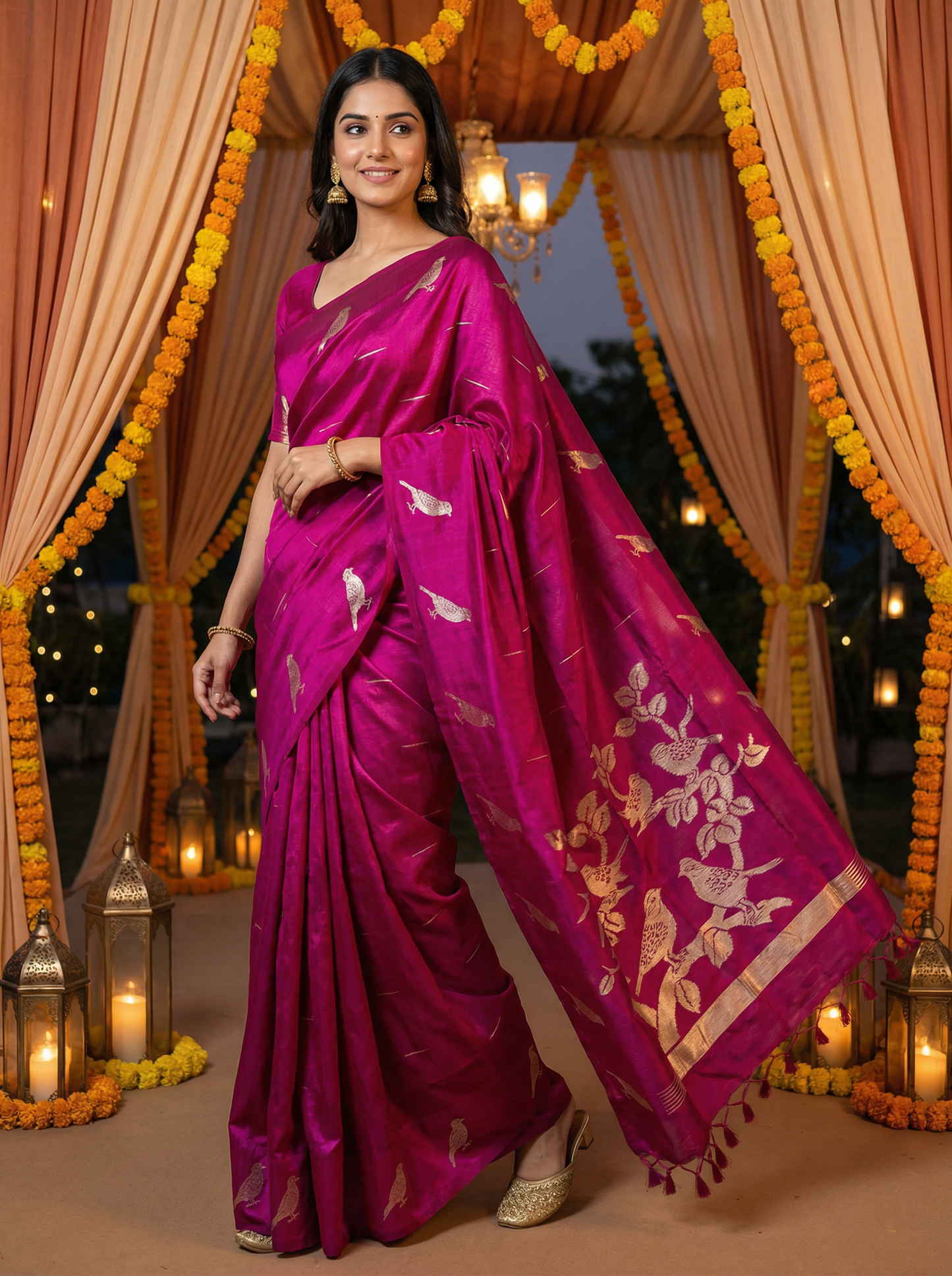 Purple Semi Tussar Silk Saree with Satin Border & Chidya Design